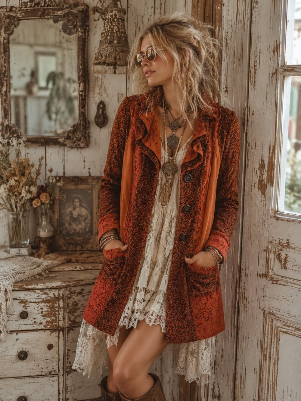 Crisca by Escada Boho Ruffle Sweater Jacket Size 42 US M Lagenlook Cardigan
